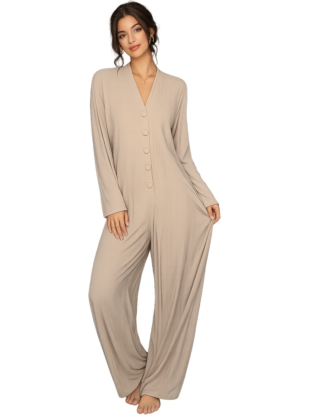 CDC Taupe Button-Front Long Sleeve Jumpsuit